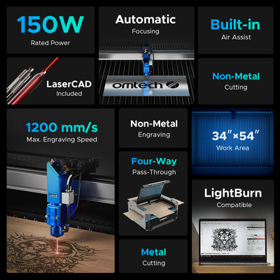 OMTech Pro 3655 Hybrid 150W Laser Cutting and Engraving Machine with 34'' x 54'' Working Area, Autofocus and Built-in Water Chiller